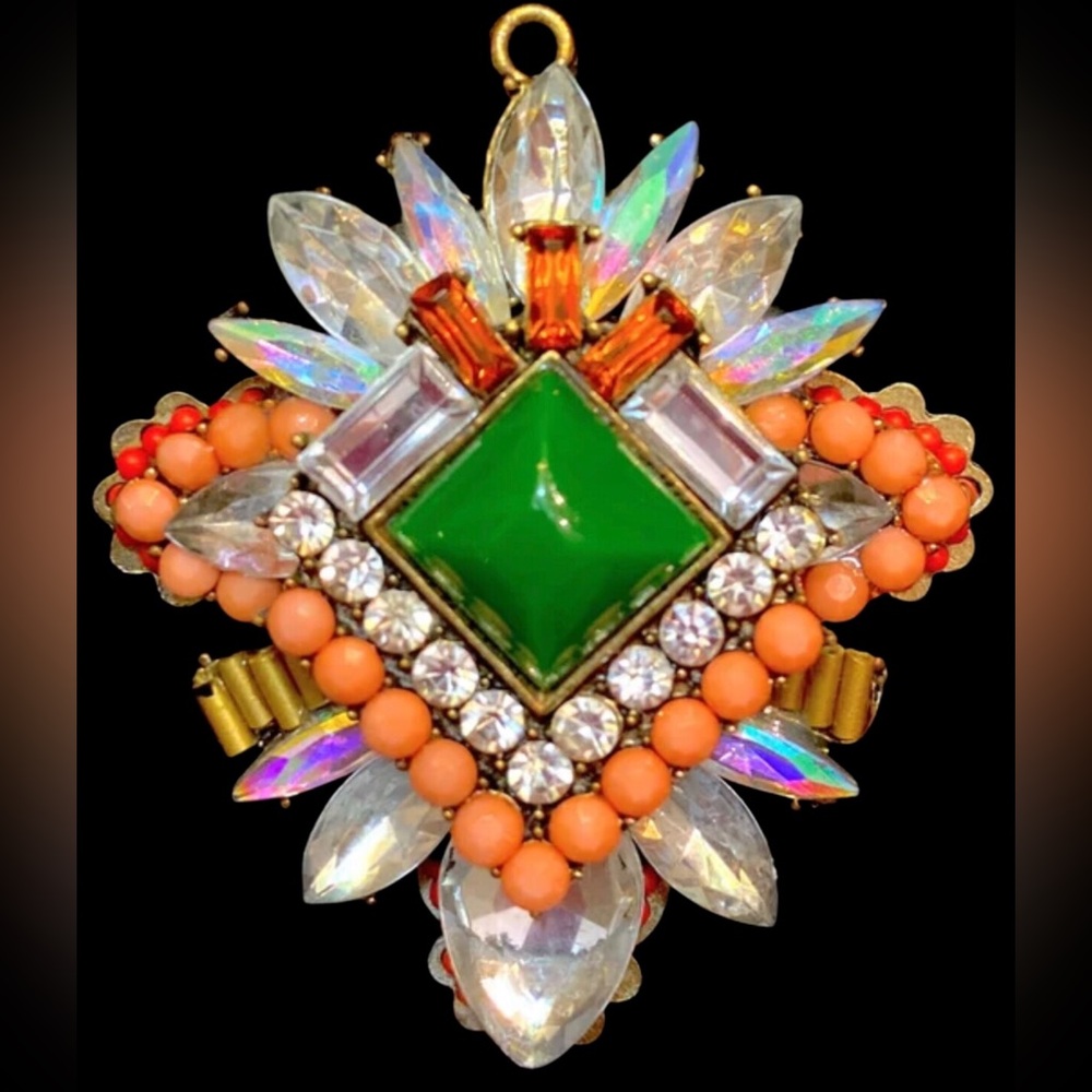 Vintage Green and Orange Gemstone Brooch,Pendant Cabochon 1960’s Rhinestones Era